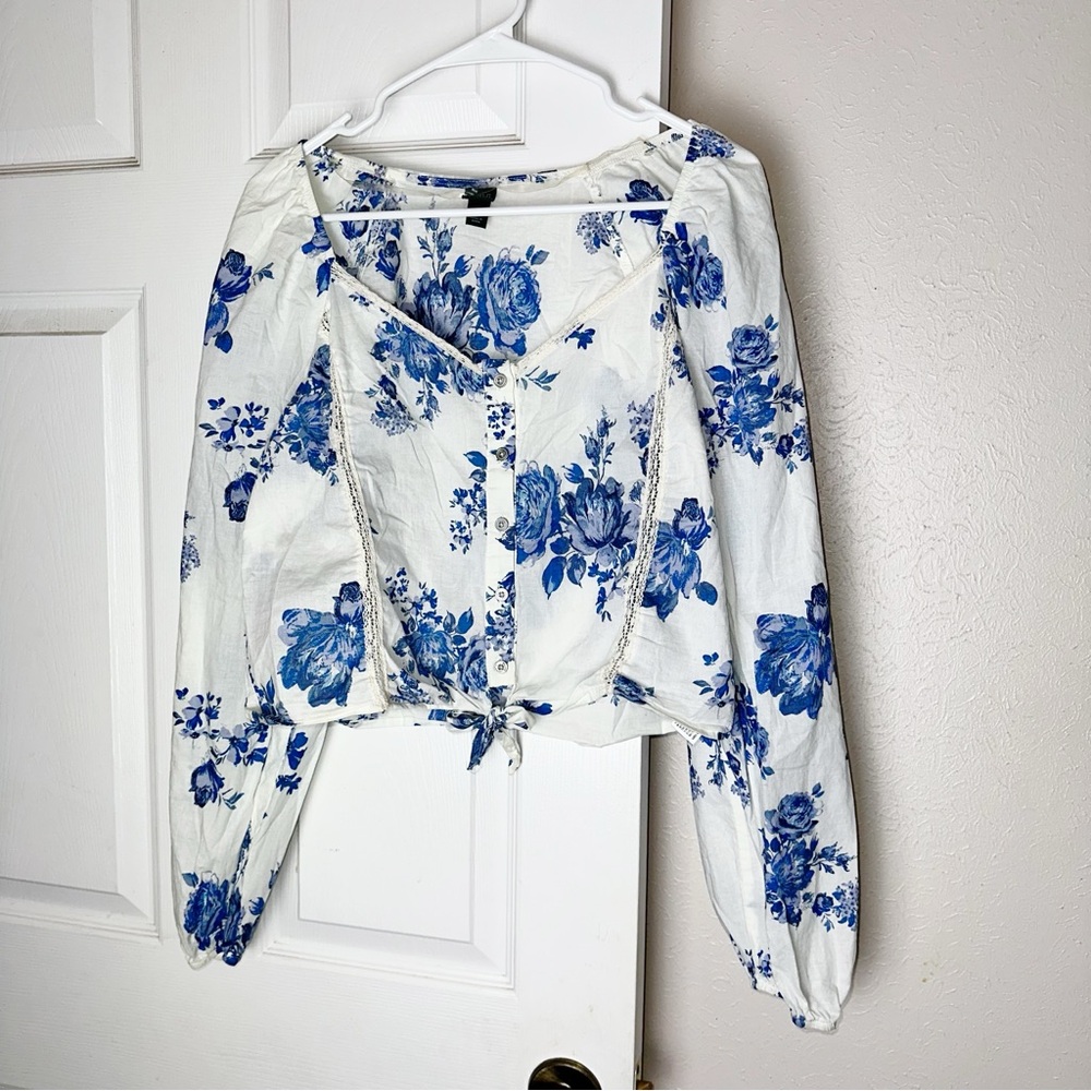 Wild Fable Blue Floral Lace Tie Waist Long Sleeve Blouse Prairie Cottagecore L